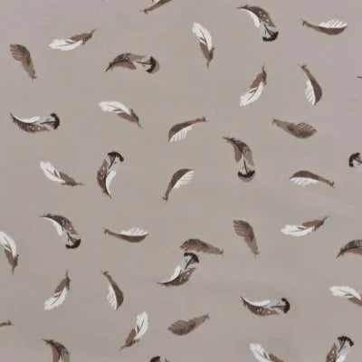 Jersey de coton  imprimé plumes fond sable