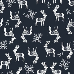 Popeline en coton motif Cerf Nordique - Marine