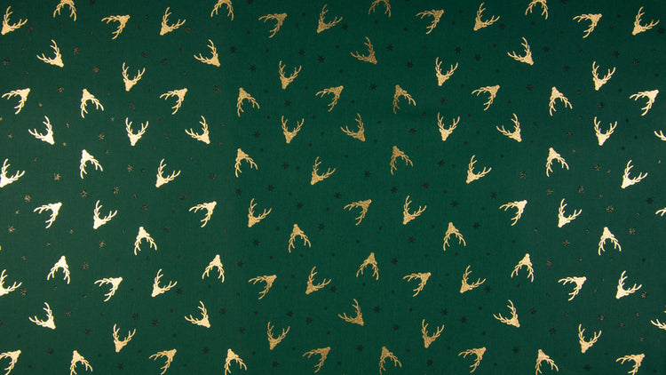 Coton imprimé cerf de Noël doré sur fond vert