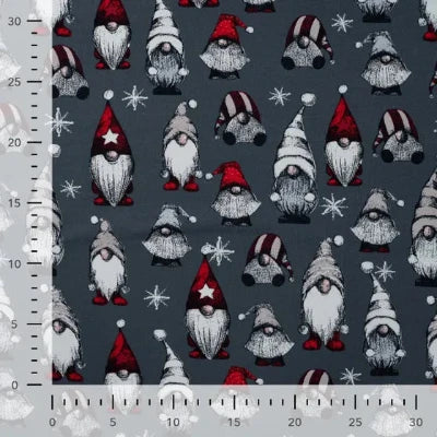 French terry -Sweat brossé imprimé Noël Gnomes Vintage- Gris